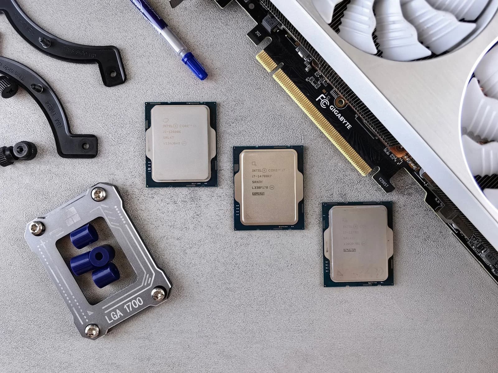 Flat lay of processors, graphics hardware and computer build components